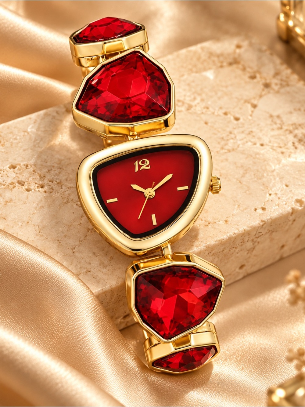 Gold Tone Red Crystal Bracelet Watch Women’s Statement Quartz Jewelry Watch